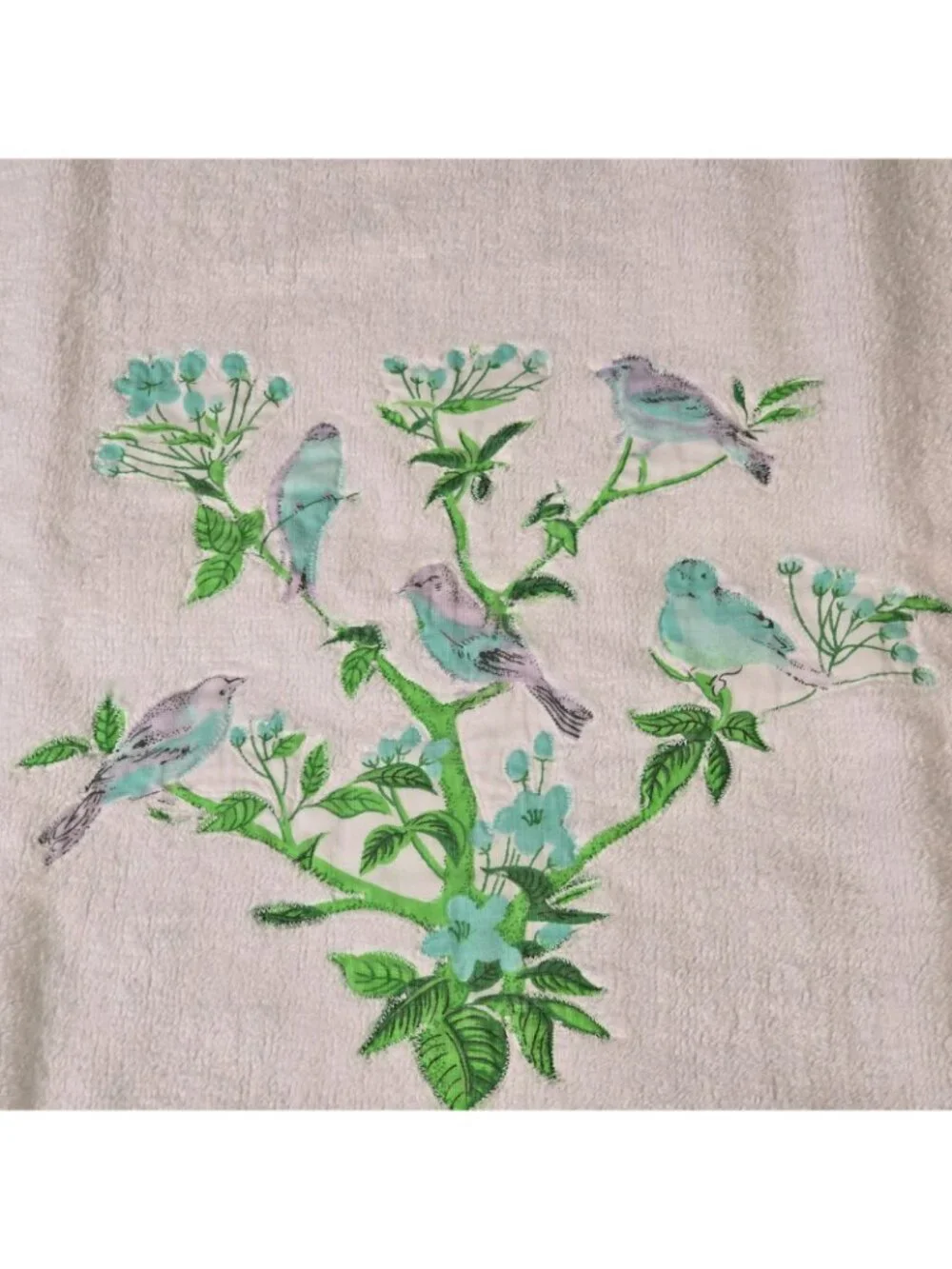 Vintage Martex Bath Towel Birds Flowers Blue Green Made In USA